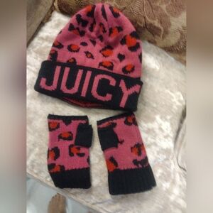 Juicy Couture Pink/Black Leopard Hat & Fingerless Gloves
